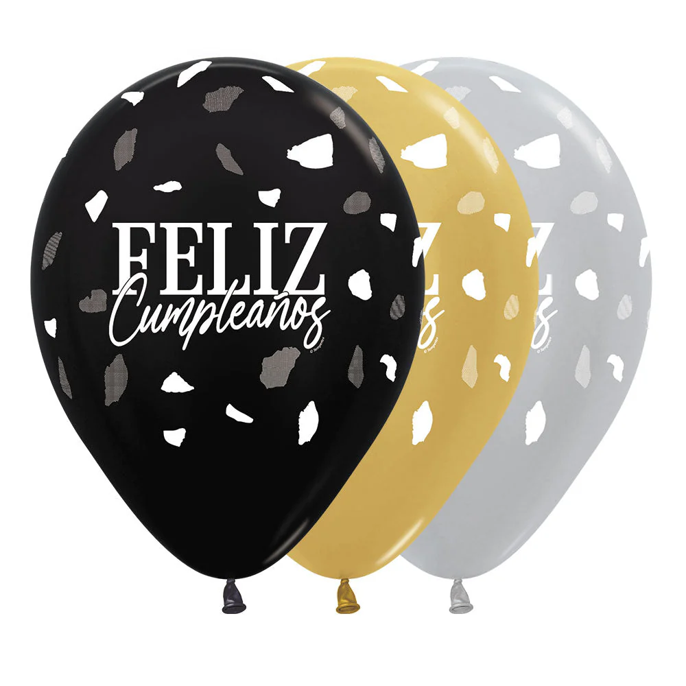 GLOBO REDONDO INFINITY® FELIZ CUMPLEAÑOS TERRAZO DORADO/NEGRO SURTIDO SATIN & METAL