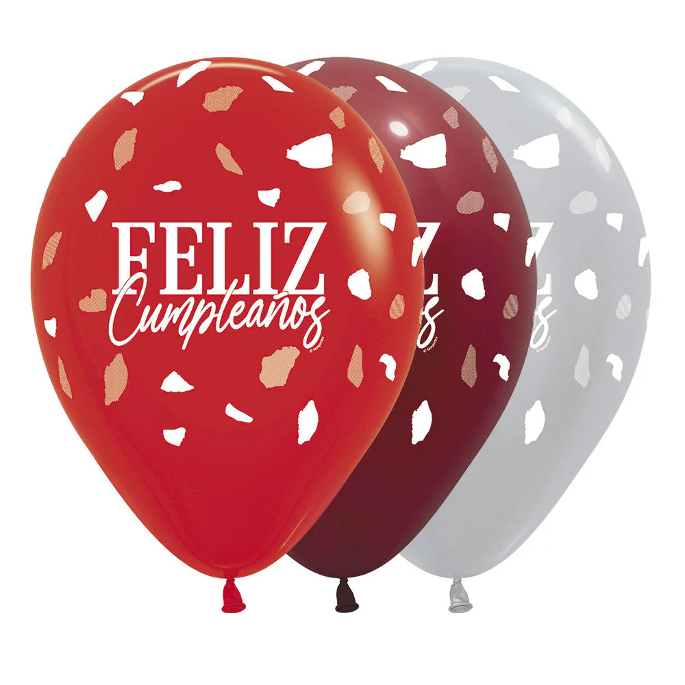GLOBO REDONDO INFINITY® FELIZ CUMPLEAÑOS TERRAZO ROJO FASHION & SATÍN SURTIDO