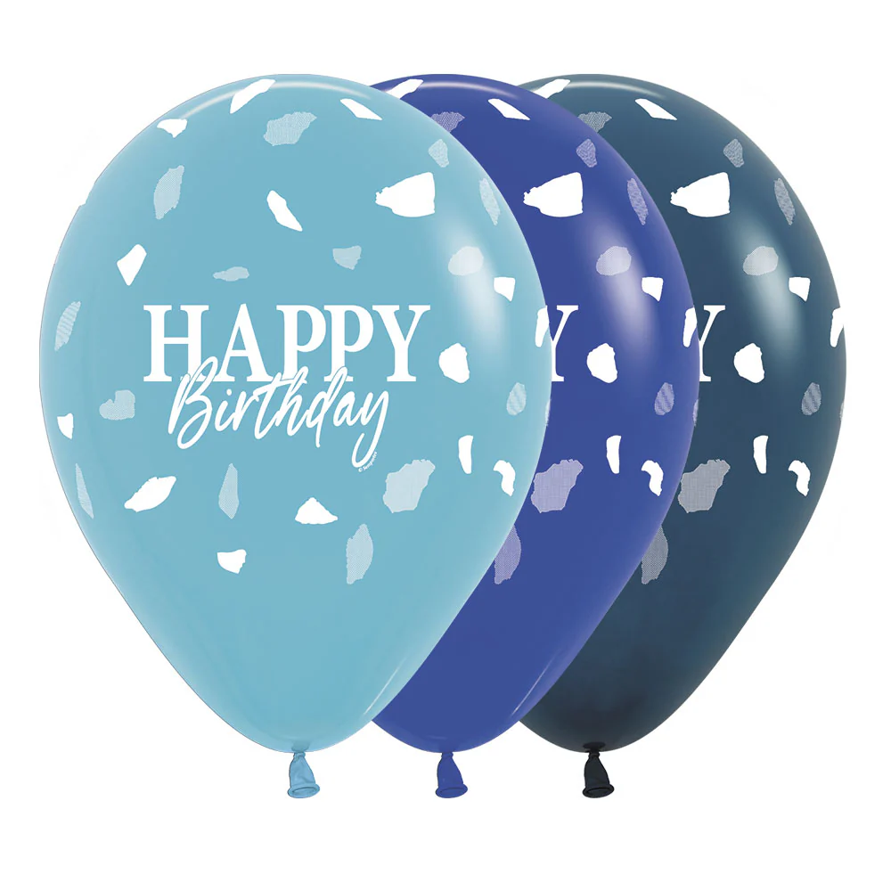 GLOBO REDONDO INFINITY® HAPPY BIRTHDAY TERRAZO AZUL FASHION SURTIDO