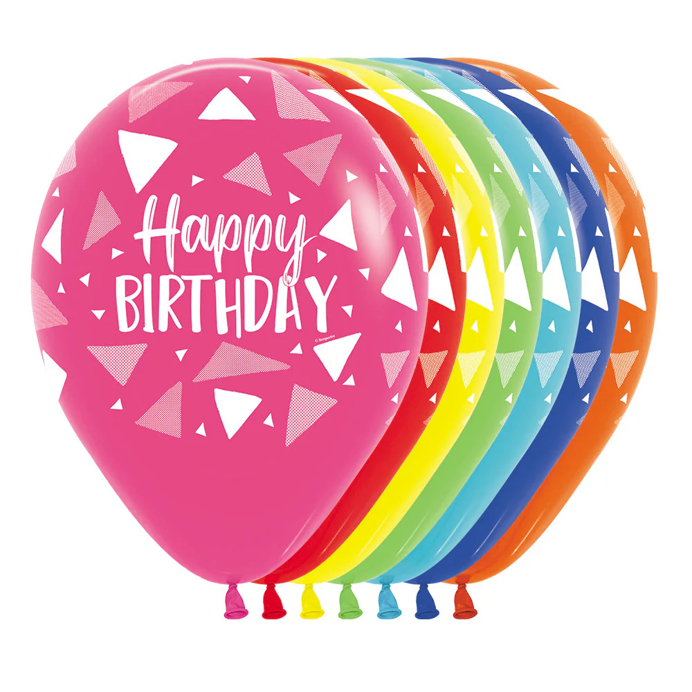 GLOBO REDONDO INFINITY® HAPPY BIRTHDAY TRIANGLES COLORFUL FASHION SURTIDO