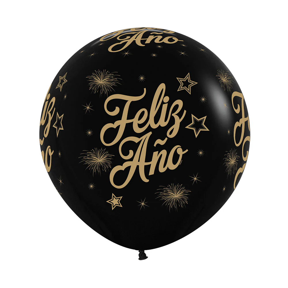 GLOBO REDONDO INFINITY® FELIZ AÑO ESTRELLAS FASHION NEGRO