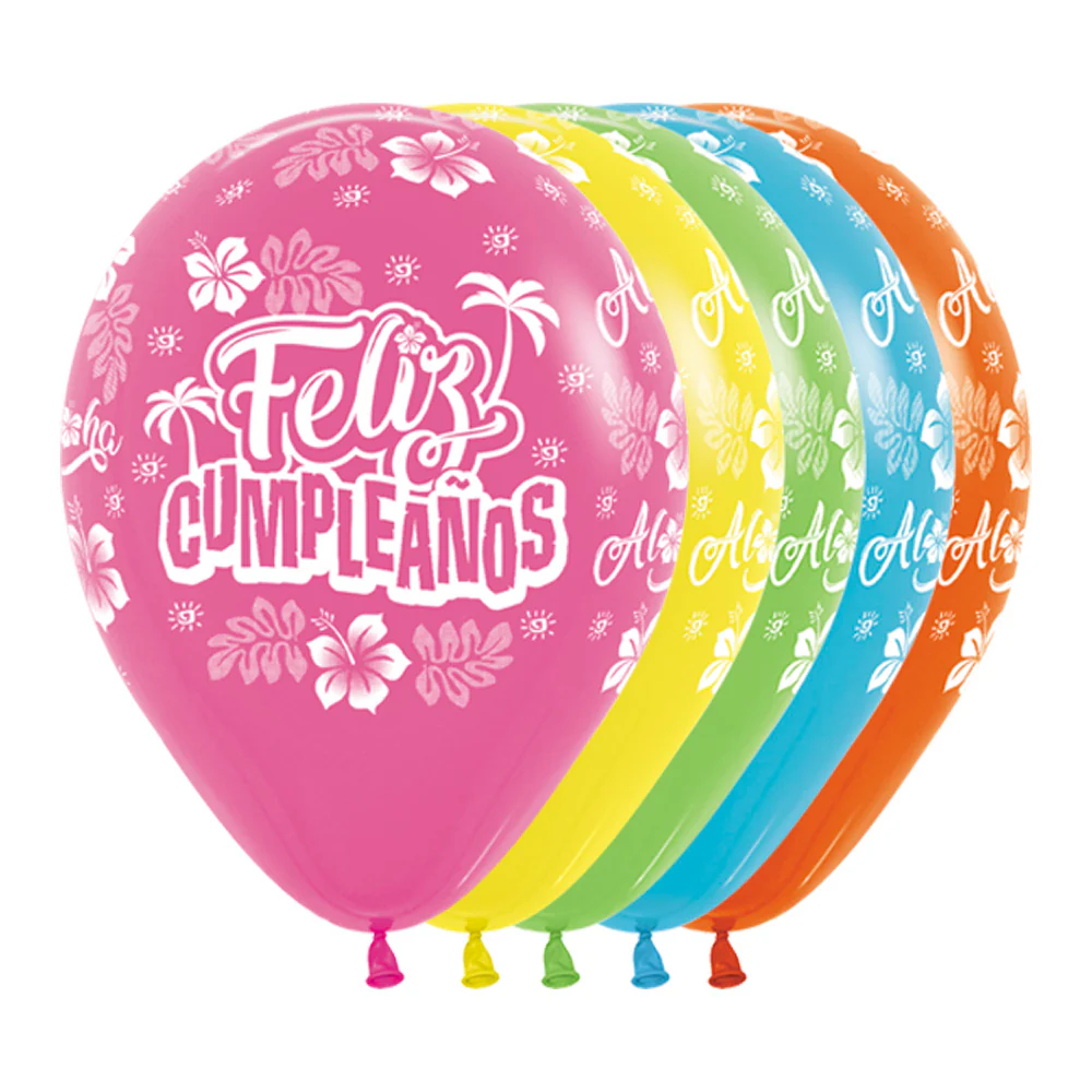 GLOBO REDONDO INFINITY® FELIZ CUMPLEAÑOS HAWAIANO FASHION SURTIDO TROPICAL