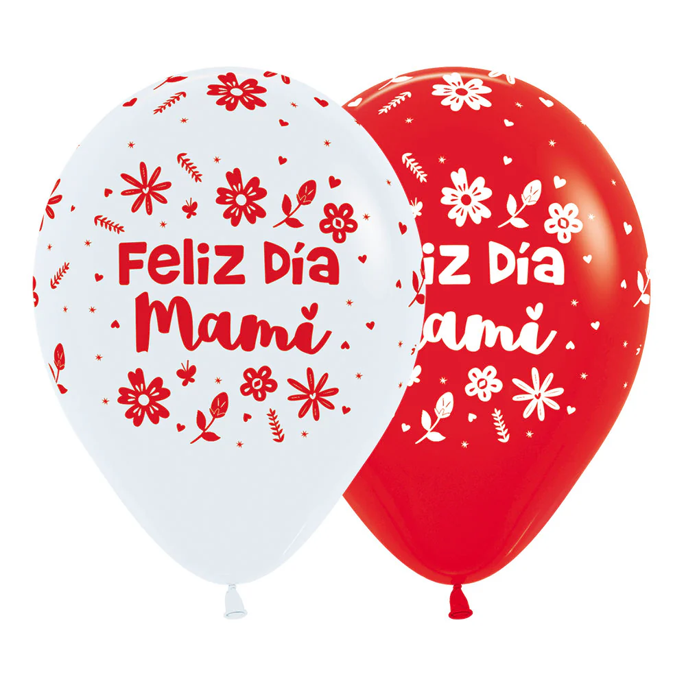 GLOBO REDONDO INFINITY® FELIZ DIA MAMI FLORES FASHION SURTIDO ROJO - BLANCO