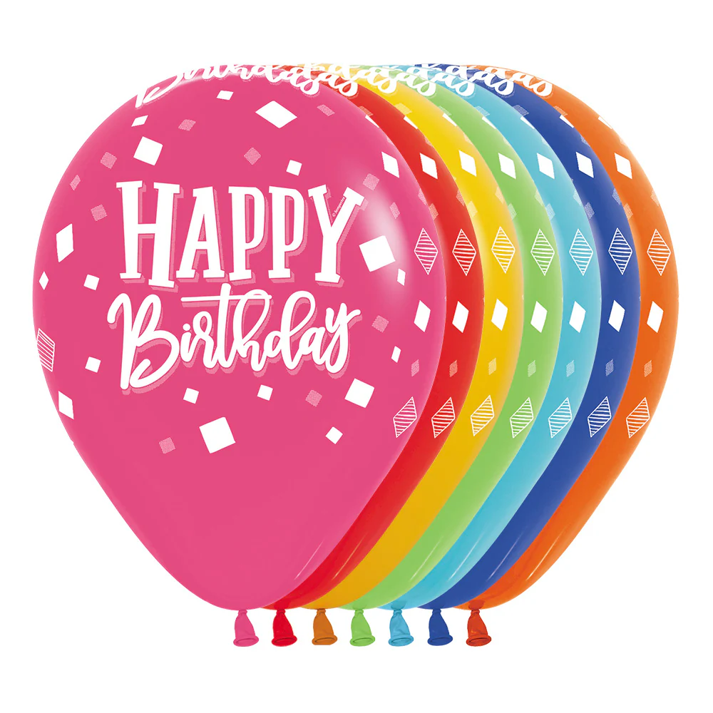 GLOBO REDONDO INFINITY® HAPPY BIRTHDAY CUADRADOS FASHION SURTIDO
