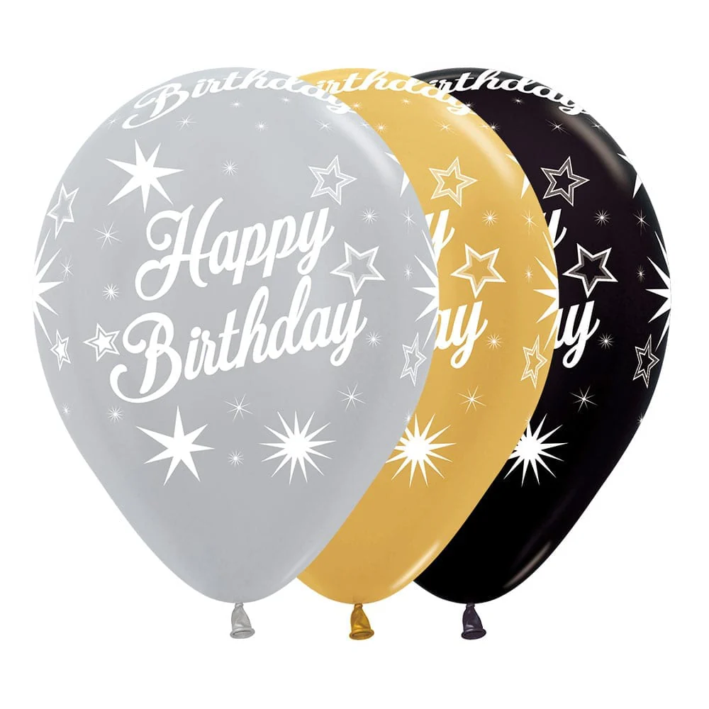 GLOBO REDONDO INFINITY® HAPPY BIRTHDAY DESTELLOS SATIN Y METAL SURTIDO DELUXE
