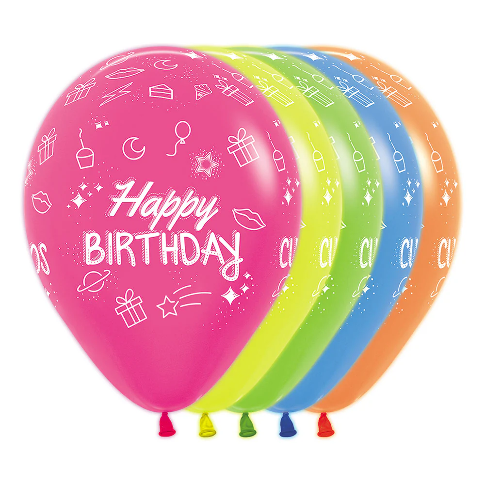 GLOBO REDONDO INFINITY® HAPPY BIRTHDAY FIESTA NEON SURTIDO