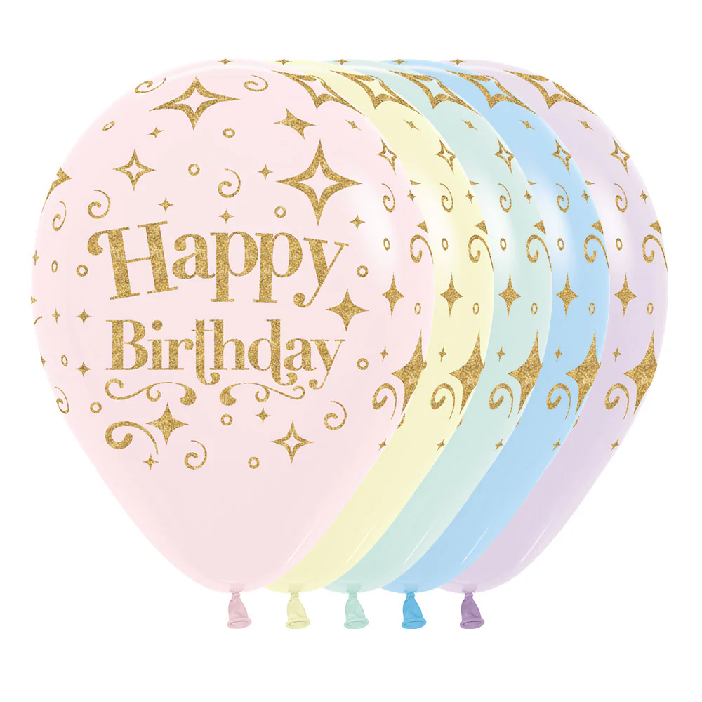 GLOBO REDONDO INFINITY® HAPPY BRITHDAY DIAMANTE ESCARCHADO DORADO PASTEL MATE SURTIDO