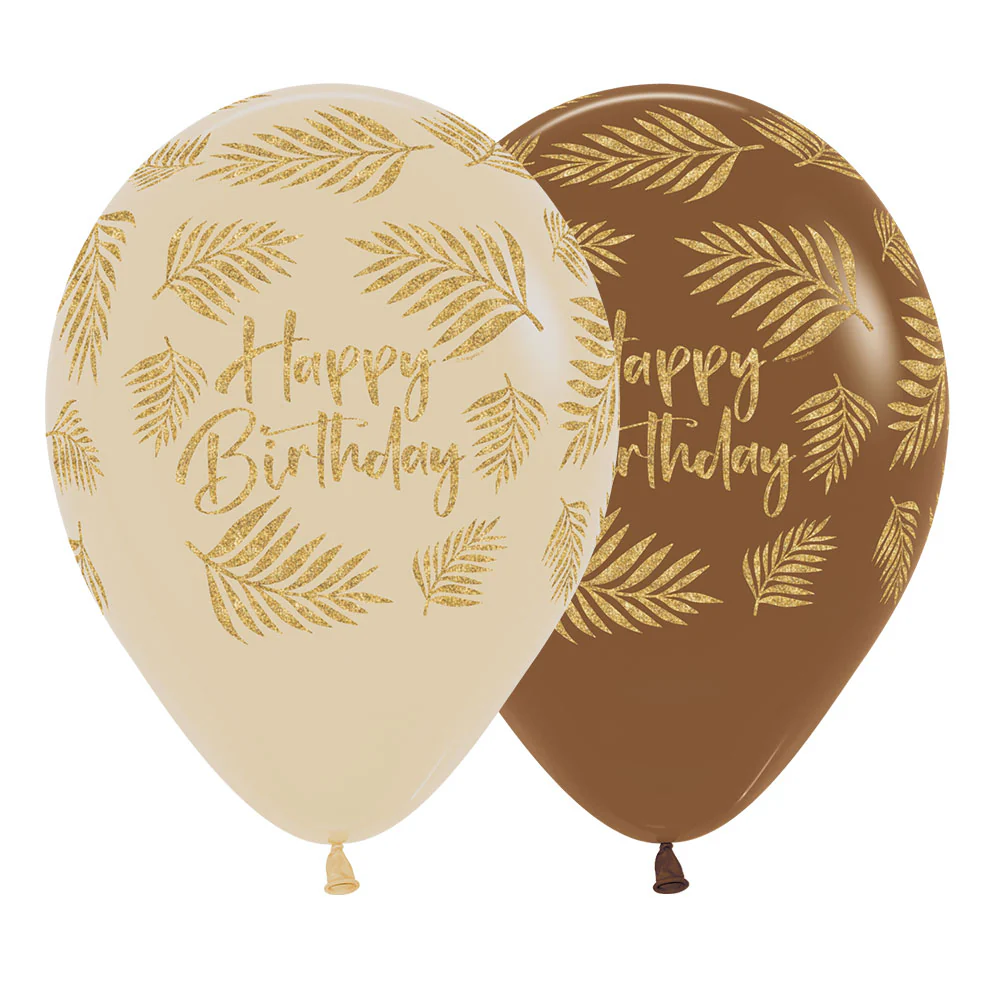 GLOBO REDONDO INFINITY® HAPPY BRITHDAY PALMAS ESCARCHADO DORADO FASHION SURTIDO
