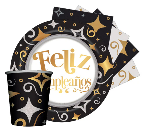KIT DESECHABLE FELIZ CUMPLEAÑOS DORADO-NEGRO